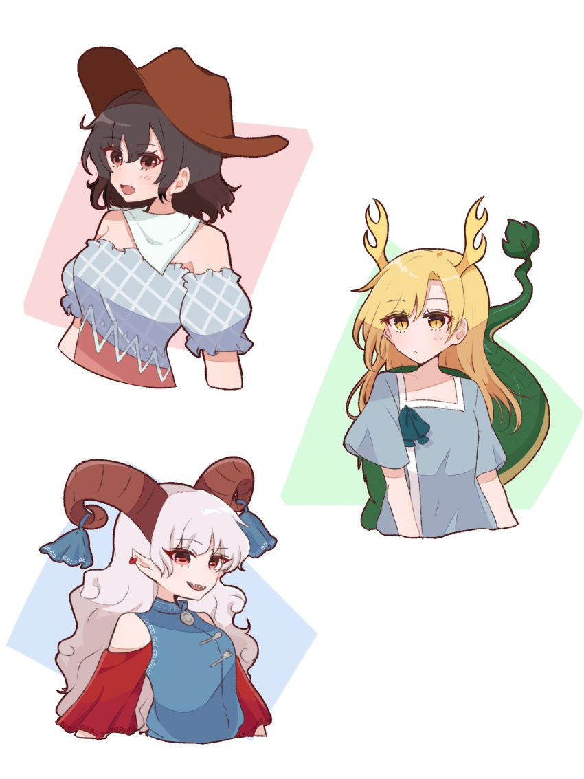 antlers, bandana, blue_shirt, brown_headwear, cowboy_hat, dragon_girl, dragon_horns, dragon_tail