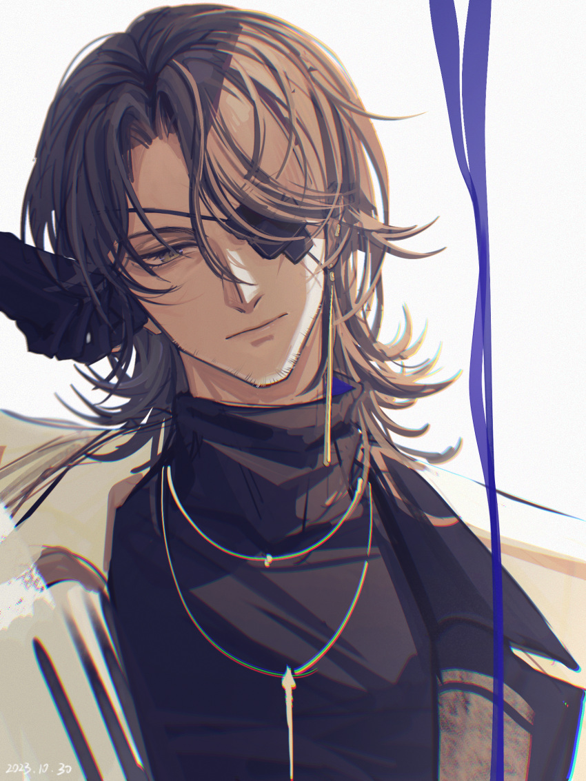 1boy, alternate_costume, beard_stubble, black_gloves, black_shirt, blazer, brown_hair, chinese_commentary