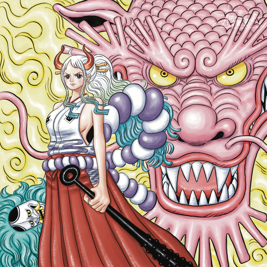 1boy, 1girl, alternate_form, bare_shoulders, closed_mouth, club_(weapon), commentary_request, dragon, dragon_horns, earrings, green_hair, hair_ornament, hair_stick, hakama, hakama_skirt, highres, hihirottogallery, holding, holding_mask, holding_weapon, hoop_earrings, horns, japanese_clothes, jewelry, kanabou, long_hair, looking_at_viewer, mask, momonosuke_(one_piece), multicolored_hair, multicolored_horns, one_piece, oni, oni_horns, open_mouth, ponytail, red_hakama, sharp_teeth, signature, skirt, teeth, weapon, white_hair, yamato_(one_piece), yellow_eyes