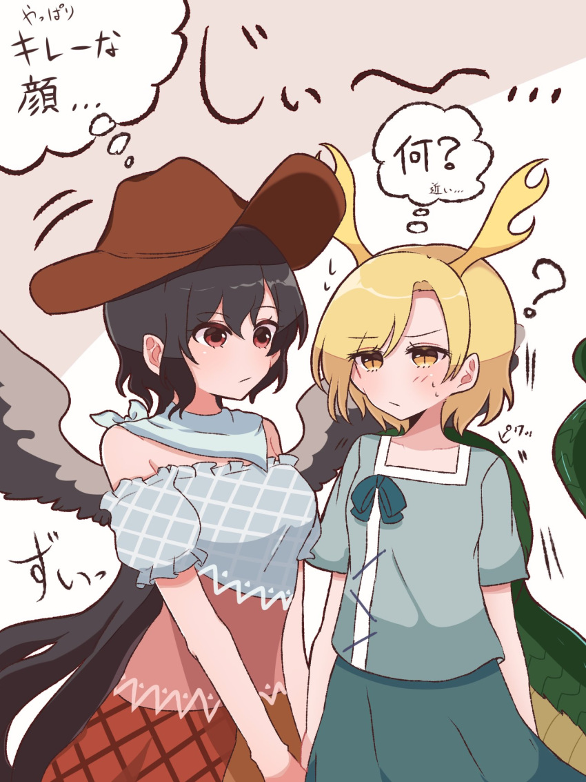 antlers, bandana, black_wings, blue_shirt, brown_headwear, cowboy_hat, dragon_girl, dragon_horns