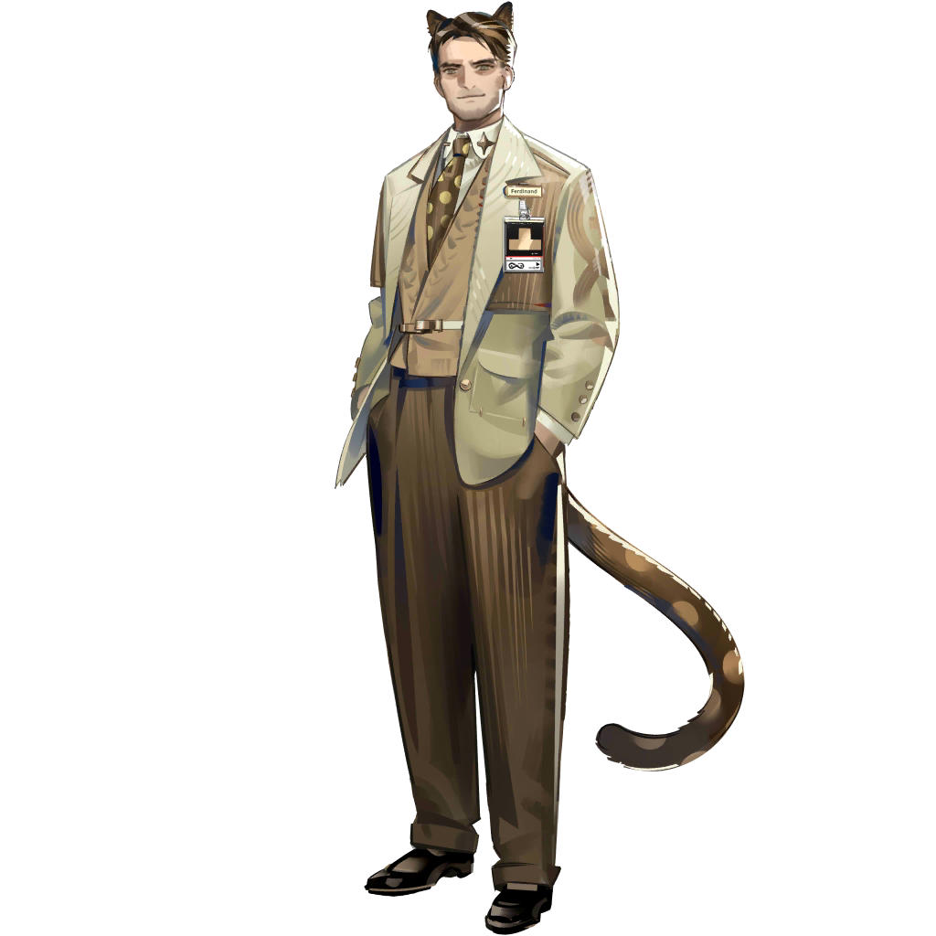 1boy, animal_ears, arknights, black_footwear, brown_hair, brown_pants, collared_shirt, ferdinand_(arknights)