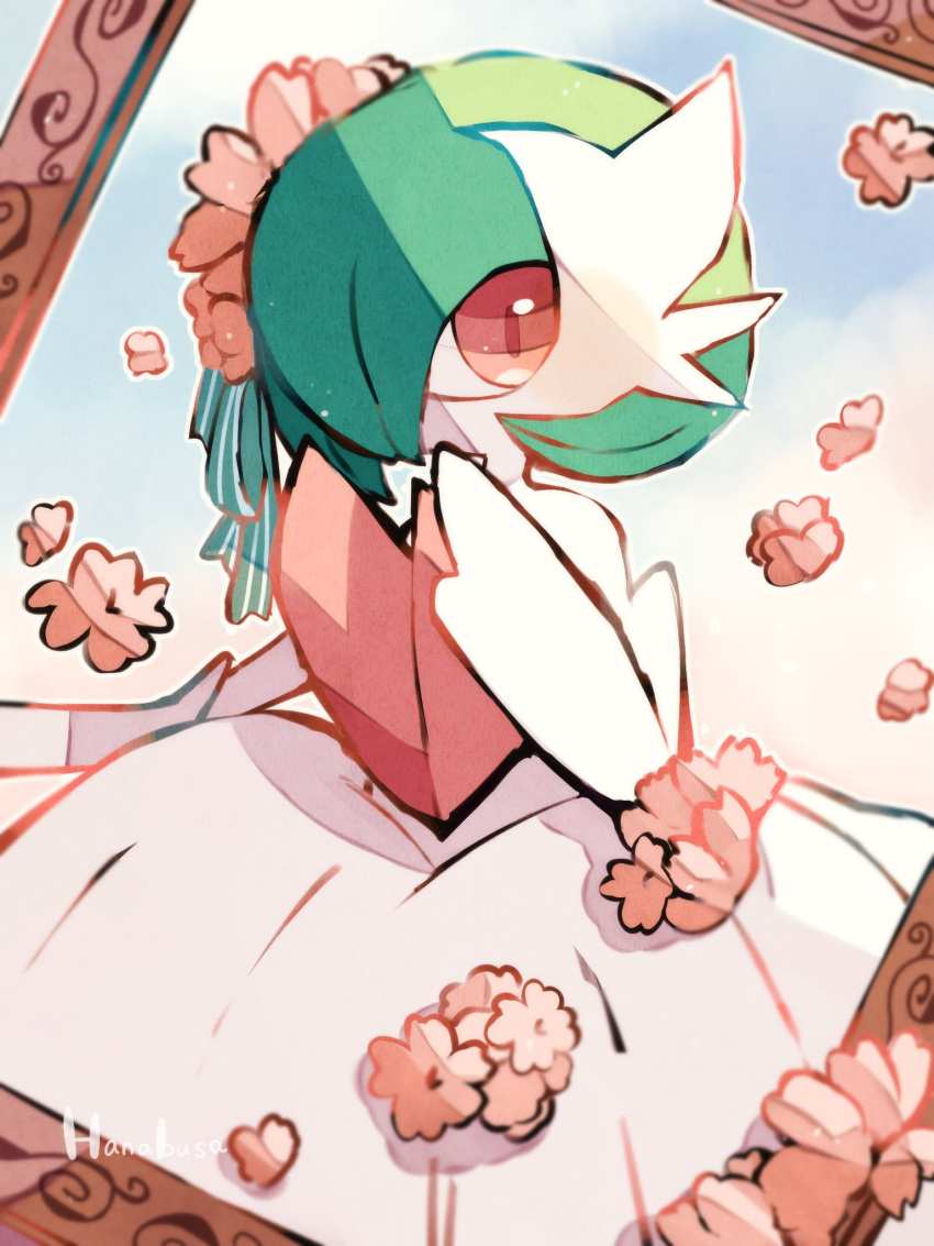 animal_focus, artist_name, blue_sky, clouds, colored_skin, commentary_request, flower, gardevoir