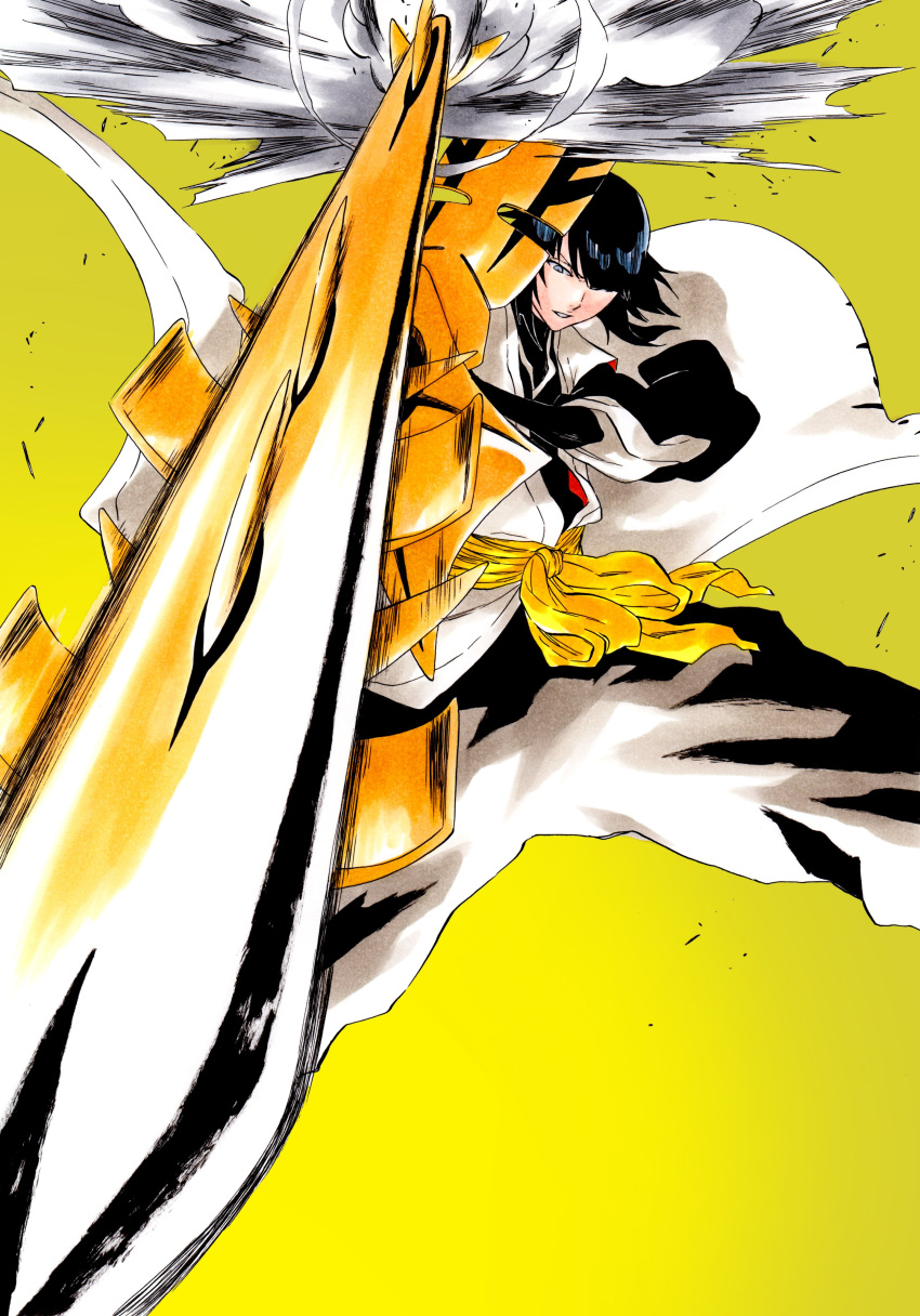 1girl, absurdres, bankai, black_hair, black_pants, black_shirt, bleach, elbow_gloves