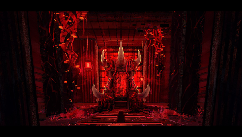 black_border, border, hanging_lantern, highres, horns, indoors, landscape, lantern, no_humans, o_pomb, open_door, plant, portuguese_commentary, quackity_smp, red_light, red_theme, spikes, throne, vines