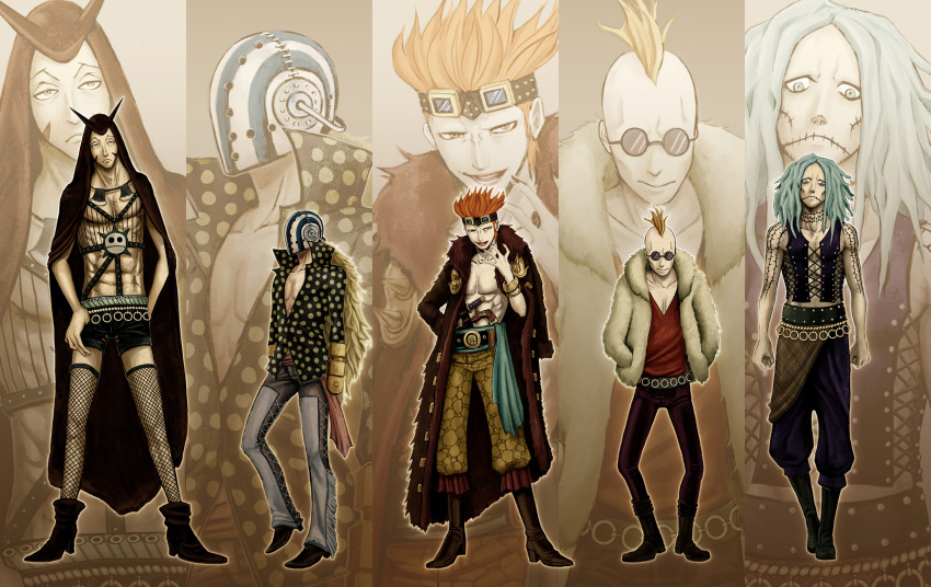 5boys, blonde_hair, blue_hair, character_request, closed_mouth, commentary_request, eustass_kid, facial_mark