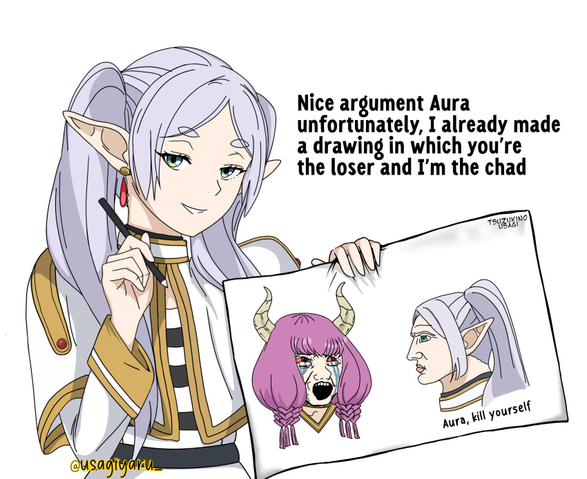 1girl, aura_(sousou_no_frieren), commentary, crying, crying_with_eyes_open, demon_horns, elf, english_commentary