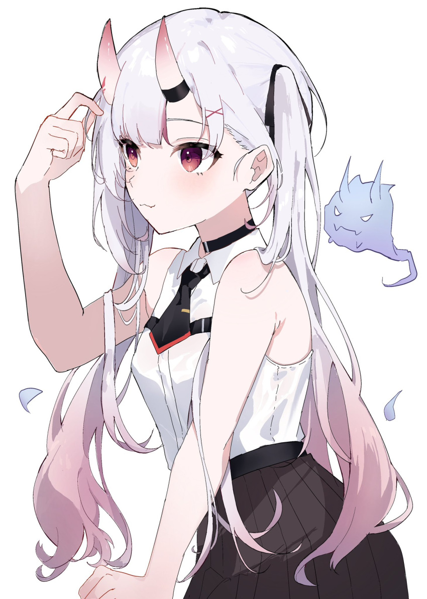 1girl, :3, armpit_crease, bare_arms, bare_shoulders, black_choker, black_necktie, black_skirt