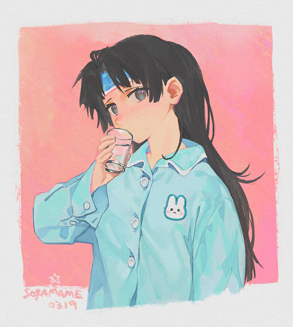 1girl, alternate_costume, artist_name, black_hair, blue_pajamas, blush, border, cold_pack