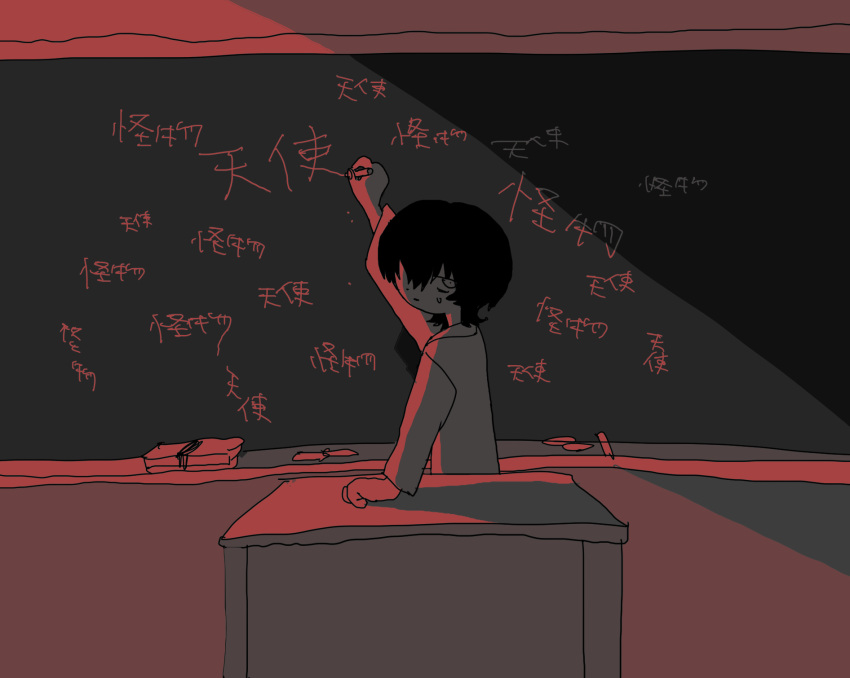 1boy, arm_support, arm_up, bags_under_eyes, board_eraser, chalk, chalkboard, chasuke_(n_uioi), classroom, commentary_request, from_behind, highres, hitomi_hirosuke_(sayonara_wo_oshiete), holding, holding_chalk, indoors, jacket, long_sleeves, looking_at_viewer, looking_back, male_focus, medium_hair, monochrome, one_eye_covered, podium, red_theme, sayonara_wo_oshiete, sidelighting, solo, standing, sweatdrop, translation_request, writing