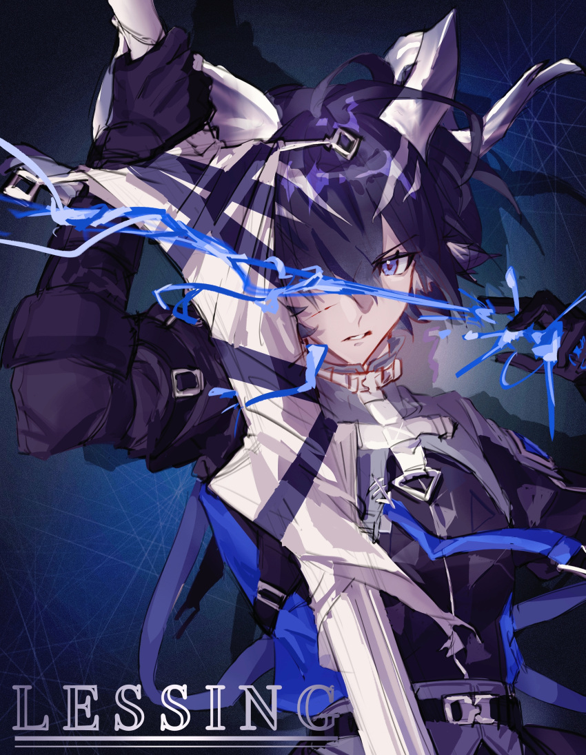 1boy, absurdres, aihuahuadedicengcoserliuliluo, arknights, black_gloves, black_hair, black_jacket, blue_eyes