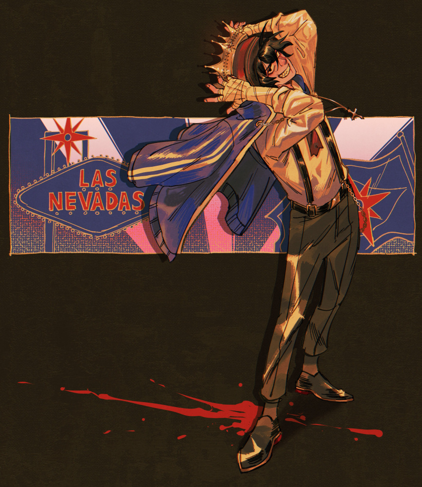 absurdres, black_eyes, black_footwear, black_hair, black_pants, blood_on_ground, blue_jacket, chain