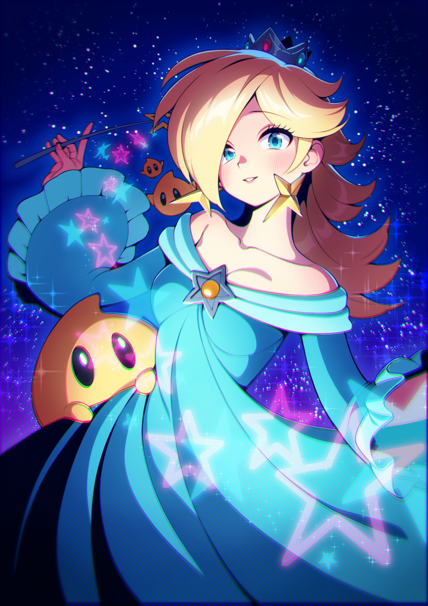 1girl, absurdres, aqua_dress, bare_shoulders, blonde_hair, blue_eyes, blush, brooch, chromatic_aberration, collarbone, crown, dress, earrings, highres, holding, holding_wand, jewelry, komekome_chonpa, long_hair, long_sleeves, luma_(mario), off-shoulder_dress, off_shoulder, rosalina, sky, smile, star_(sky), star_(symbol), star_brooch, star_earrings, star_wand, starry_background, starry_sky, super_mario_bros., super_mario_galaxy, wand