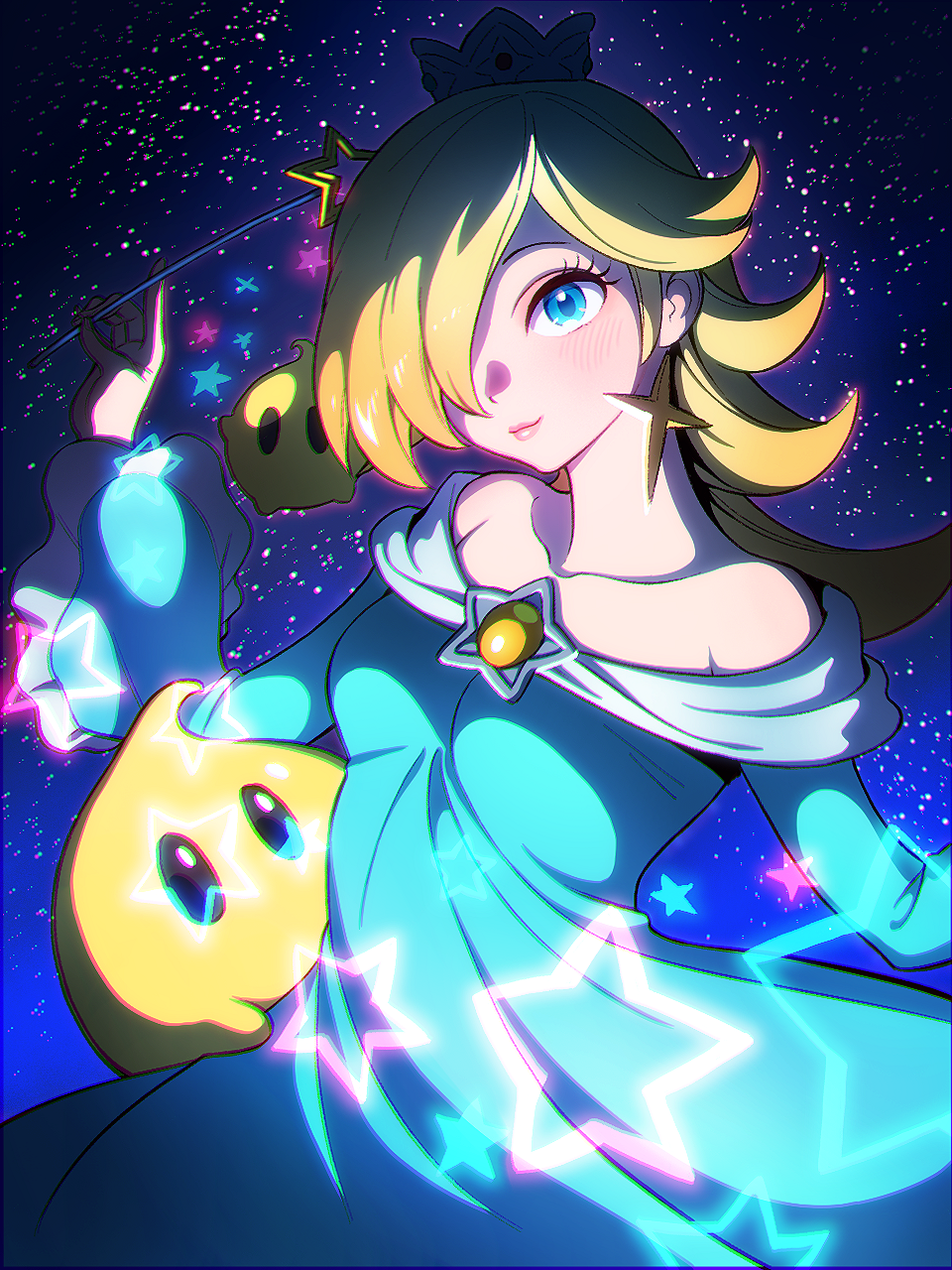 1girl, aqua_dress, bare_shoulders, blonde_hair, blue_eyes, blush, brooch, chromatic_aberration, collarbone, crown, dress, earrings, hair_over_one_eye, highres, jewelry, komekome_chonpa, luma_(mario), off-shoulder_dress, off_shoulder, rosalina, sky, star_(sky), star_(symbol), star_brooch, star_earrings, star_wand, starry_background, starry_sky, super_mario_bros., super_mario_galaxy, wand