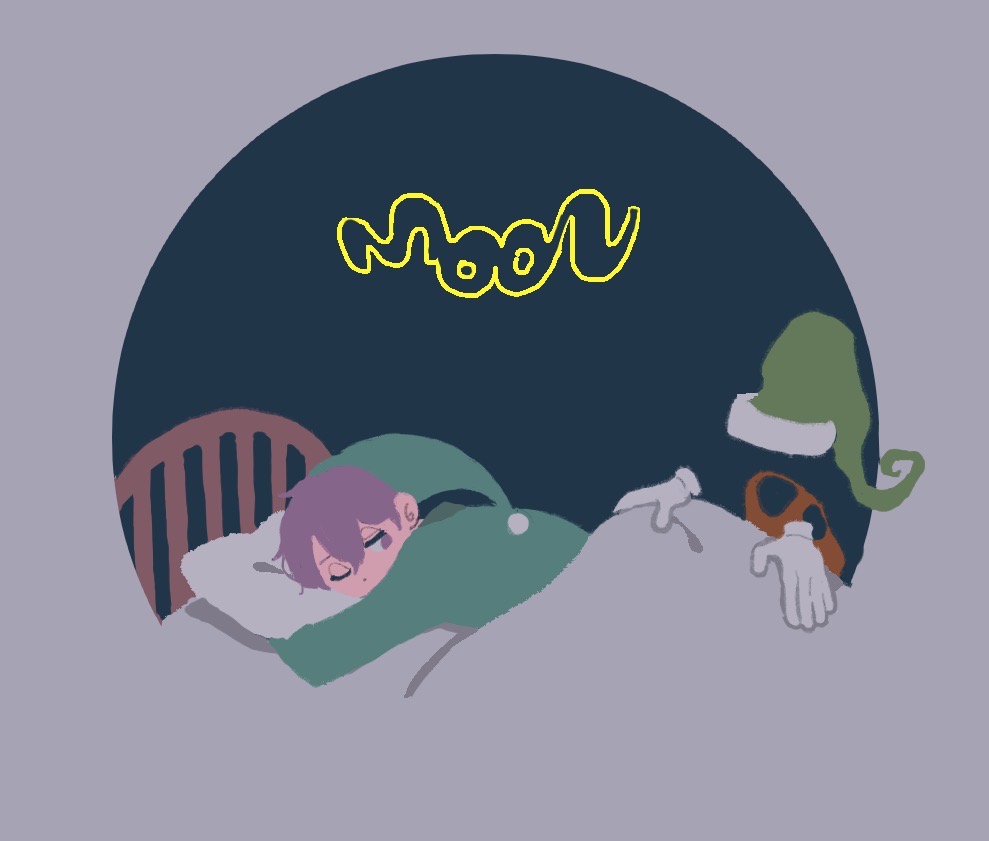 1boy, alternate_costume, bed, black_background, blanket, border, brown_vest, commentary_request