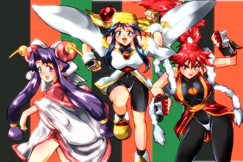 3girls, azu_(azzz), bloodberry, blue_eyes, blue_hair, cherry_(saber_j), fingerless_gloves, gloves