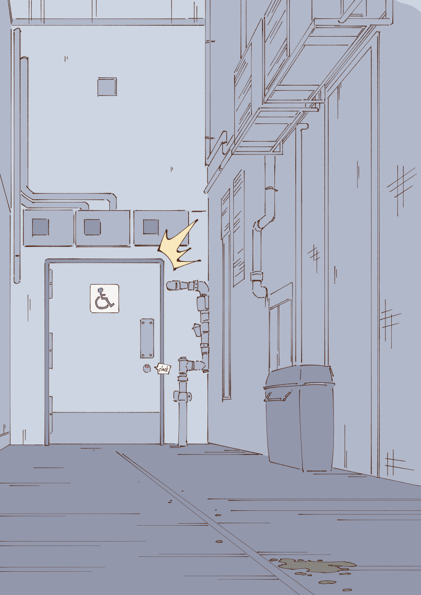 ^^^, absurdres, alley, commentary_request, door, english_text, flat_color, grey_background