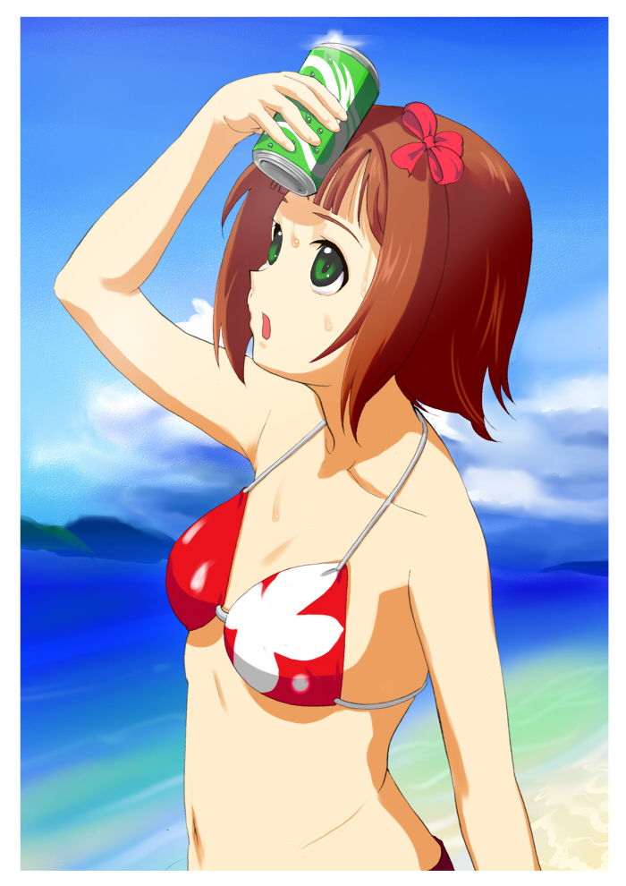 beach, bikini, bow, brown_hair, can, can_to_forehead, cloud, clouds