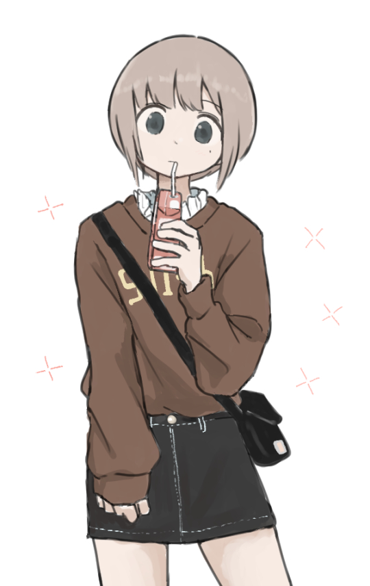 1girl, bag, black_bag, black_skirt, brown_hair, brown_sweater, cowboy_shot, denim