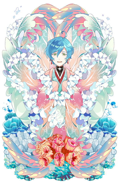1boy, ahoge, air_bubble, aqua_kimono, black_shirt, blue_hair, bubble, choker, coral, coral_earrings, coral_reef, earrings, ensemble_stars!, floating_clothes, frills, green_eyes, hagoromo, hair_between_eyes, haori, jacket, japanese_clothes, jewelry, kimono, long_sleeves, looking_at_viewer, male_focus, official_alternate_costume, parted_lips, pink_jacket, seashell, shawl, shell, shinkai_kanata, shirt, short_hair, sleeves_past_fingers, sleeves_past_wrists, slothm22, smile, solo, straight-on, teeth, turtleneck, upper_body, upper_teeth_only, white_background, wide_sleeves