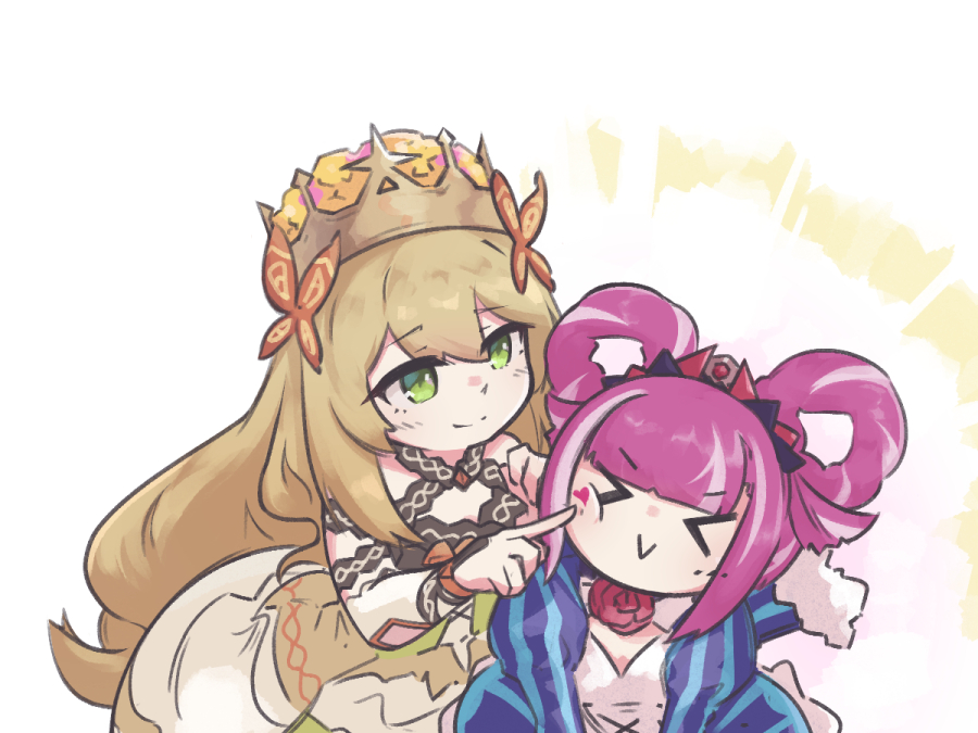 >_<, 2girls, blonde_hair, blue_dress, blunt_bangs, bow, butterfly_hair_ornament, celine_(fire_emblem), cheek_poking, closed_eyes, closed_mouth, crown, detached_sleeves, dress, facial_mark, fire_emblem, fire_emblem_engage, flower, green_eyes, hair_flower, hair_ornament, hair_rings, heart, heart_facial_mark, hortensia_(fire_emblem), long_hair, long_sleeves, looking_at_another, multiple_girls, orange_bow, pflglcht, pink_hair, poking, puffy_long_sleeves, puffy_sleeves, red_flower, red_rose, rose, smile, tiara, very_long_hair, white_background, wrist_bow, yellow_dress