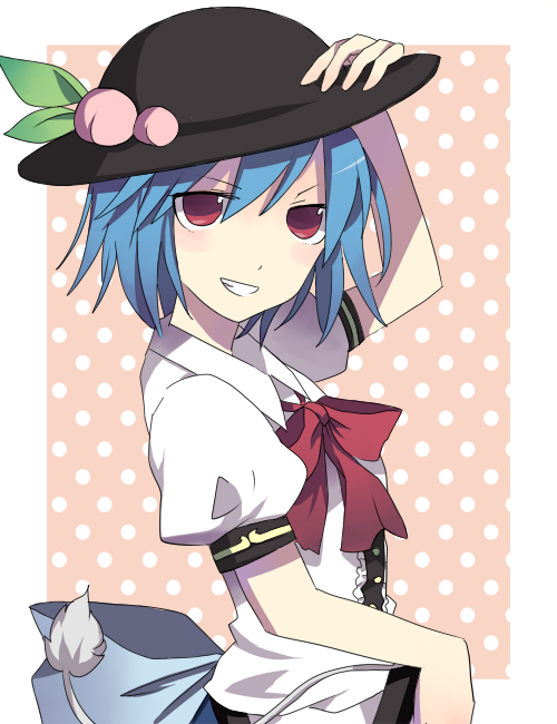 alternate_hairstyle, blue_hair, blush, bowtie, dress, food, fruit, grin
