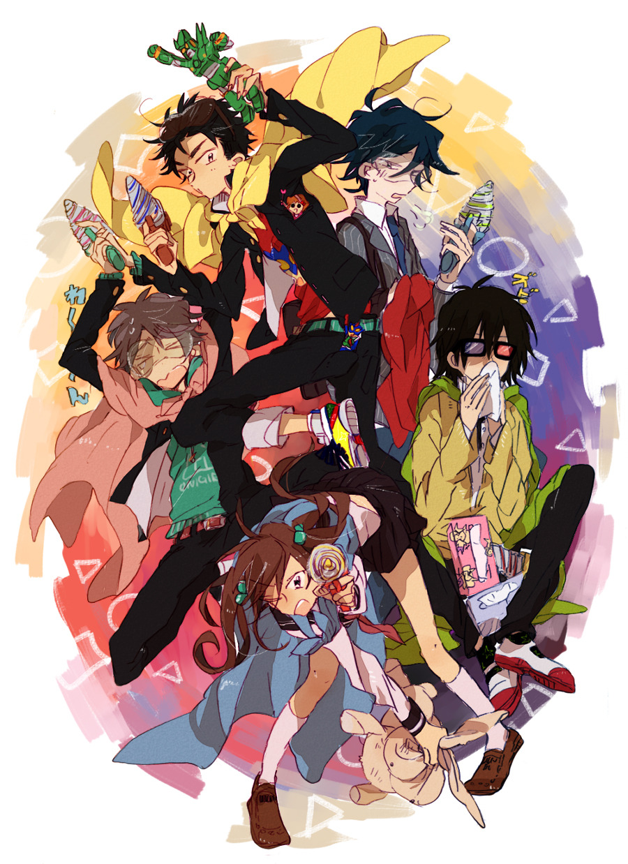 >o<, 1girl, 3boys, action_kamen, aged_up, ahoge, antenna_hair, belt
