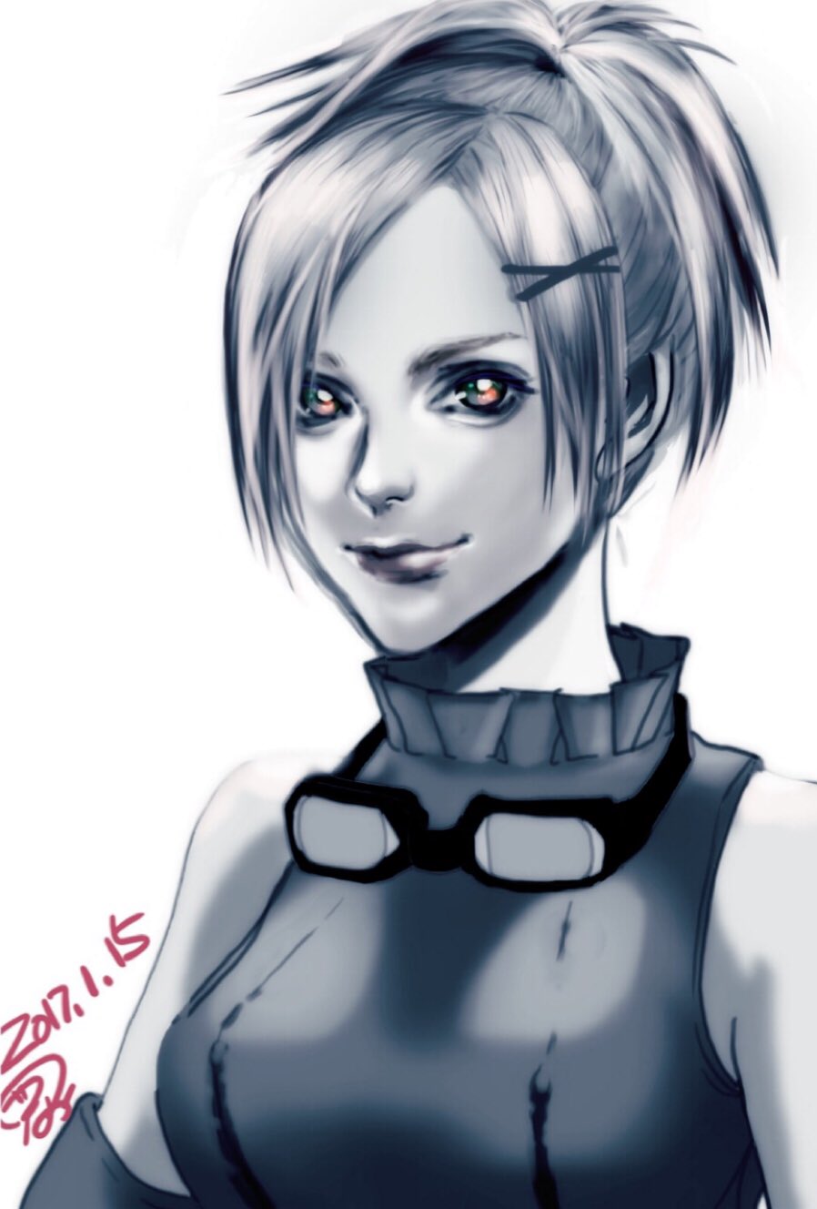 1girl, breasts, closed_mouth, dated, final_fantasy, final_fantasy_x, goggles, greyscale