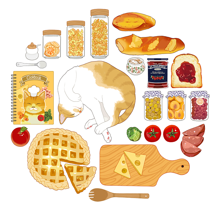 animal_focus, apple, apricot_(fruit), baguette, book, bread, brussels_sprout, cat