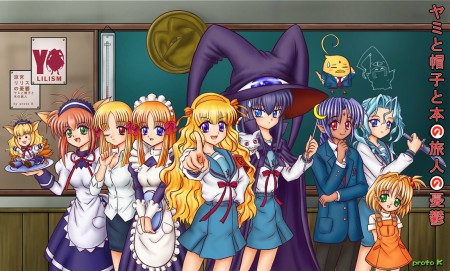 6+girls, arya, azuma_hatsumi, azuma_hazuki, bird, chalkboard, character_request, classroom, cosplay, hairband, hat, ken-chan, large_hat, lilith_(yamibou), lowres, maid, meirin_(yamibou), miruka, multiple_girls, parody, pointing, pointing_at_viewer, proto_k, school_uniform, seiren_(yamibou), skirt, suzumiya_haruhi, suzumiya_haruhi_(cosplay), suzumiya_haruhi_no_yuuutsu, witch_hat, yami_to_boushi_to_hon_no_tabibito