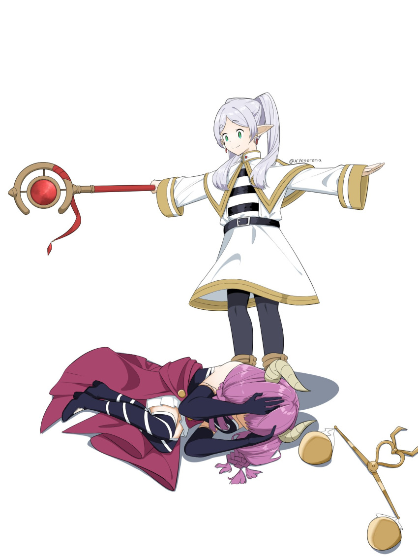 2girls, assert_your_dominance_(meme), aura_(sousou_no_frieren), balance_scale, black_corset, black_gloves, boots, braid, capelet, corset, cowering, dangle_earrings, demon_girl, demon_horns, dress, earrings, elbow_gloves, elf, frieren, full_body, gloves, gold_trim, green_eyes, grey_hair, highres, holding, holding_staff, horns, jewelry, long_hair, long_sleeves, low-braided_long_hair, mage_staff, meme, multiple_braids, multiple_girls, outstretched_arms, parted_bangs, pink_hair, pointy_ears, purple_hair, shirt, simple_background, skirt, smile, sousou_no_frieren, spread_arms, staff, standing, striped, striped_shirt, t-pose, thigh_boots, twintails, twitter_username, weighing_scale, white_background, white_capelet, white_dress, white_hair, xyenerena