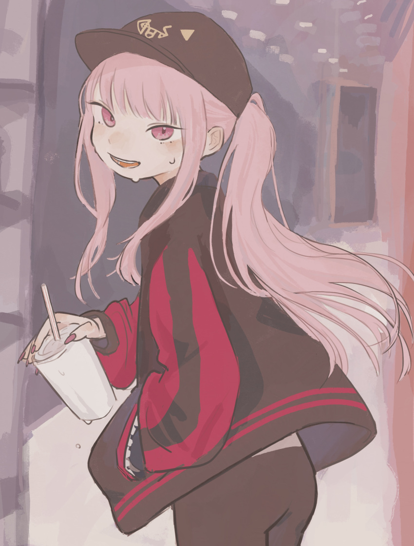 1girl, absurdres, black_headwear, black_pants, cup, disposable_cup, hand_in_pocket, hat