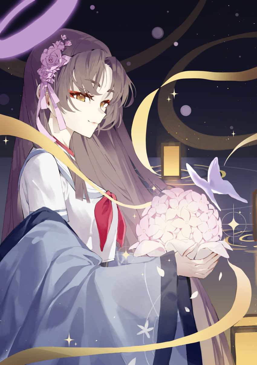 1girl, absurdres, animal, blue_archive, bug, butterfly, closed_mouth, flower