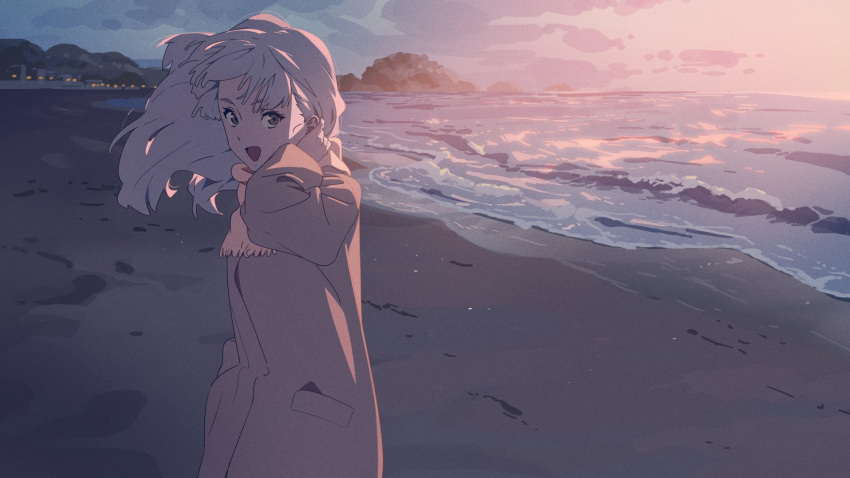 1girl, beach, blonde_hair, blue_sky, building, clouds, cloudy_sky, coat