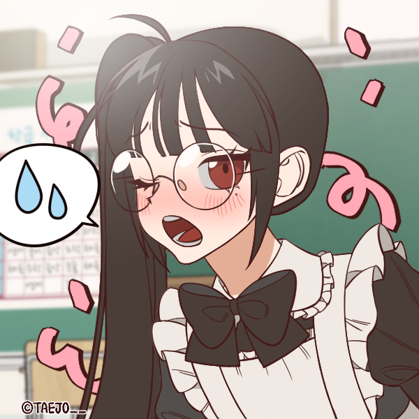 1girl, apron, avatar_generator, black_bow, black_bowtie, black_dress, black_hair, blurry, blurry_background, blush, bow, bowtie, chair, chalkboard, choppy_bangs, collared_dress, dress, eyelashes, frilled_apron, frills, glasses, indoors, long_hair, looking_at_viewer, love_live!, love_live!_school_idol_project, magical_girl, maid, maid_apron, maid_headdress, mole, mole_under_eye, non-web_source, one_eye_closed, open_mouth, original, picrew, ponytail, raised_eyebrows, red_eyes, round_eyewear, side_ponytail, sidelocks, solo, speech_bubble, taejo_(taejo68), teeth, tongue, twitter_username, upper_body, white_apron, wing_collar