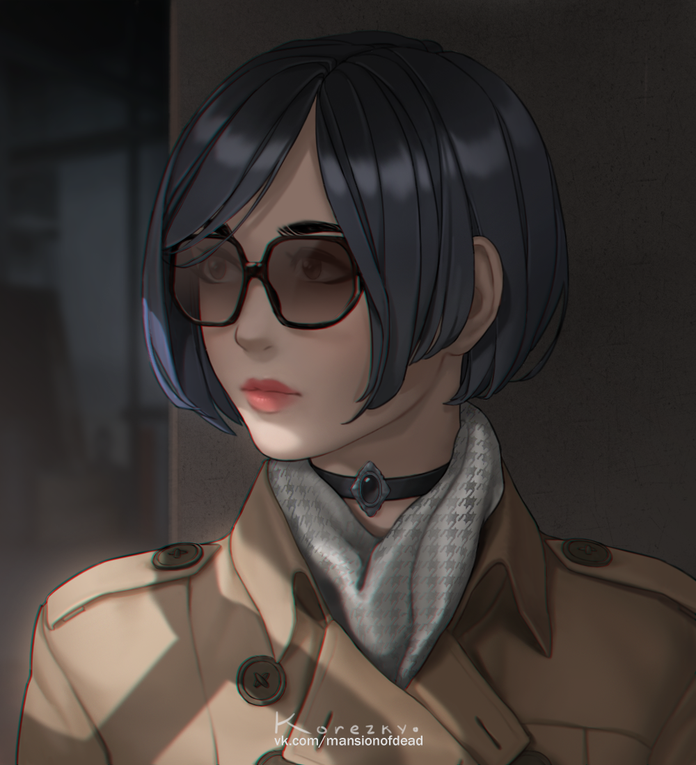 1girl, ada_wong, artist_name, black_choker, black_hair, brown_eyes, choker, closed_mouth