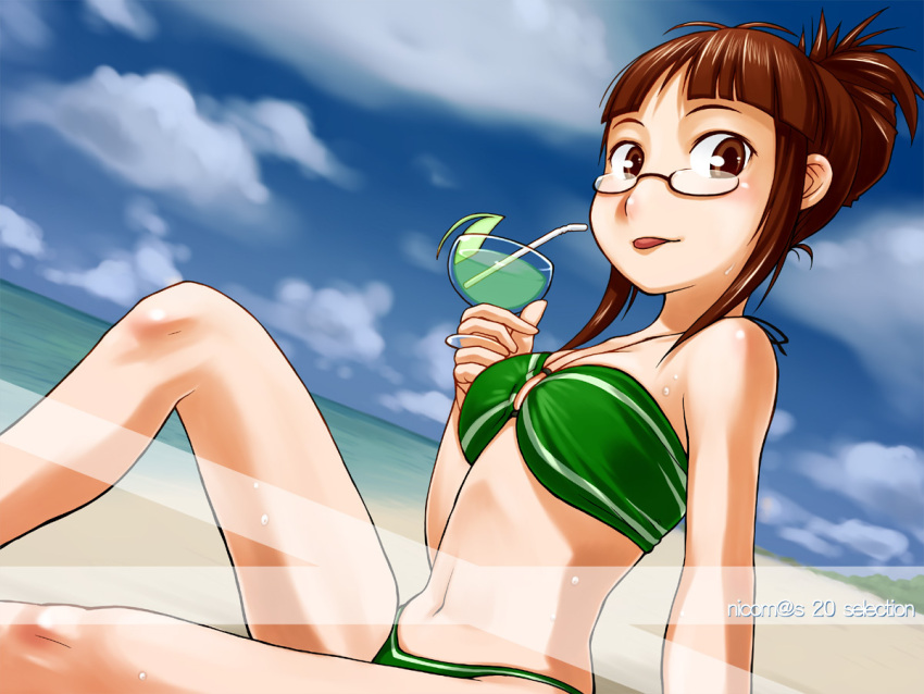 beach, bikini, brown_eyes, brown_hair, drink, dutch_angle, ginger_(pixiv), glasses, idolmaster, idolmaster_2, long_hair, ponytail, swimsuit, tongue