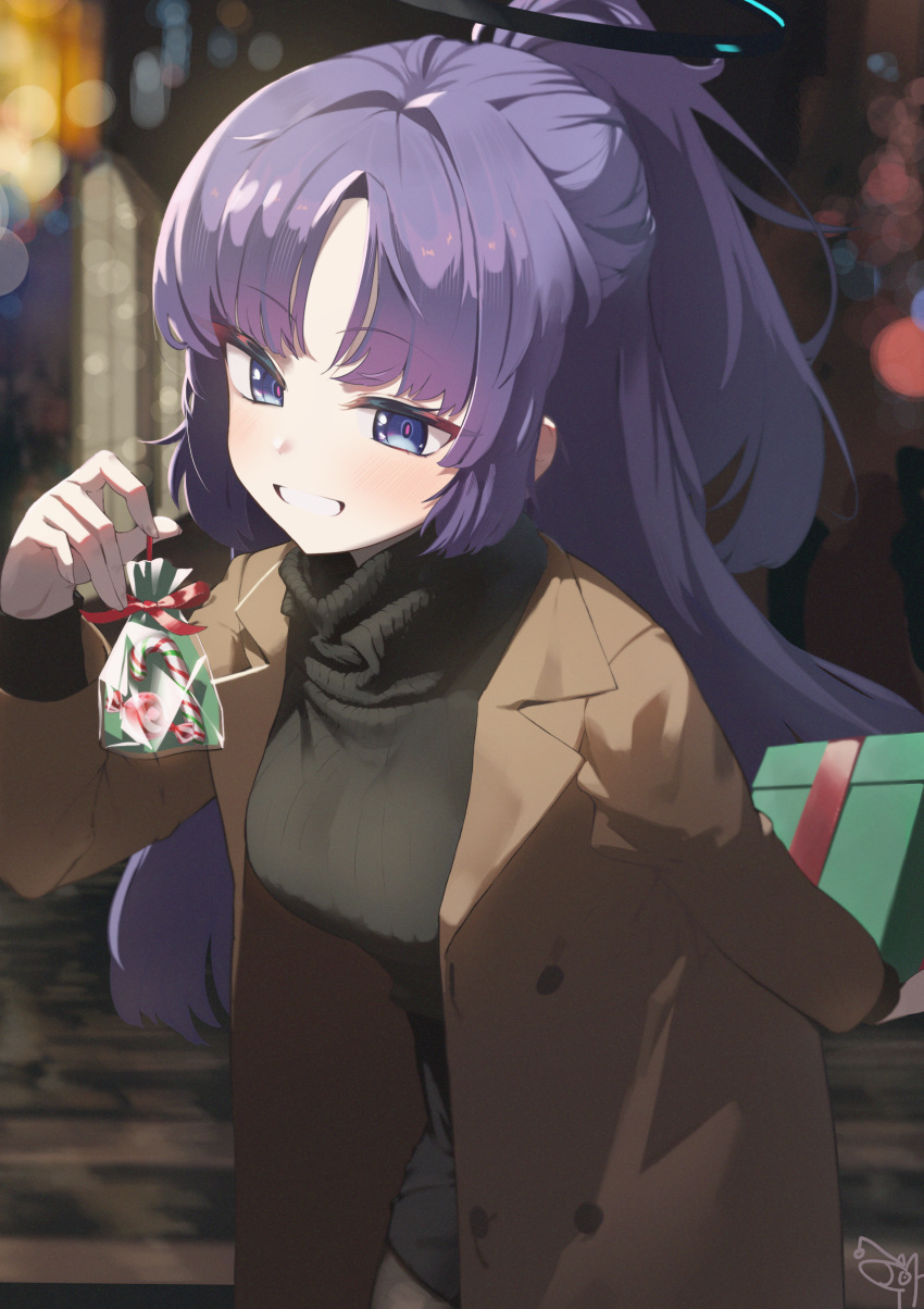 1girl, alternate_costume, blue_archive, box, dan_nako, gift, gift_box, grin
