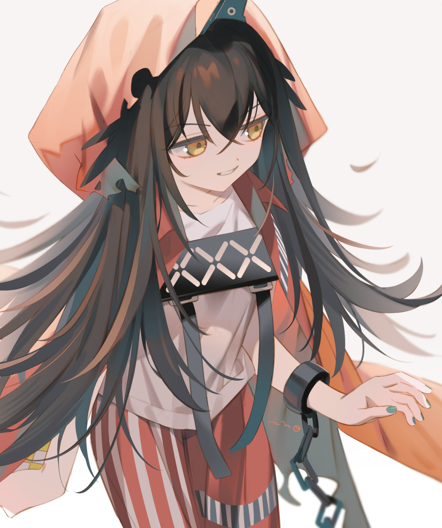 1girl, aqua_nails, arknights, brown_hair, cowboy_shot, cuffs, hair_between_eyes, hand_up