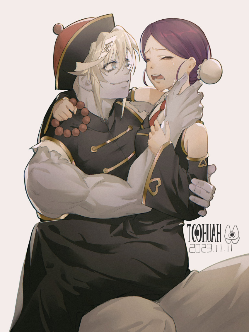 1boy, 1girl, 2023, artist_name, black_dress, blue_eyes, bun_cover, chinese_clothes