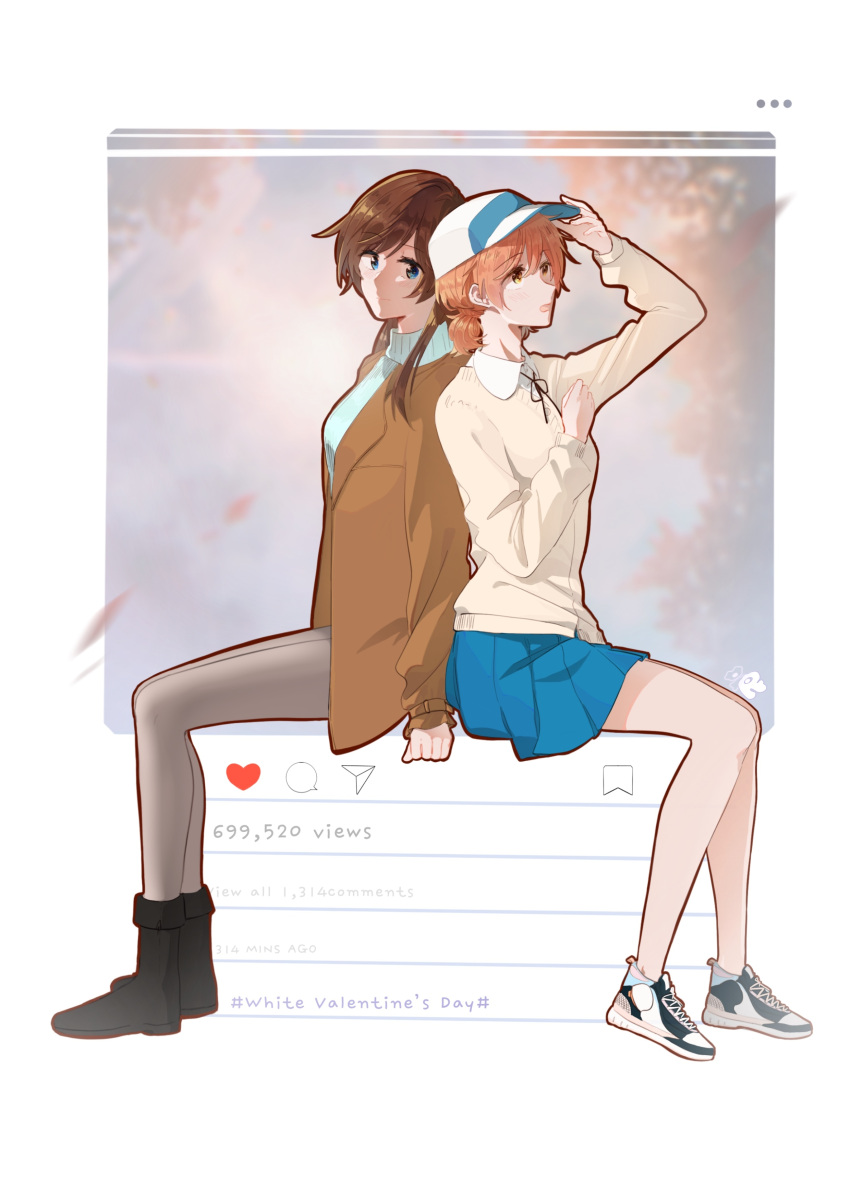 2girls, absurdres, ahoge, baseball_cap, blue_eyes, blue_skirt, blue_sweater, brown_coat
