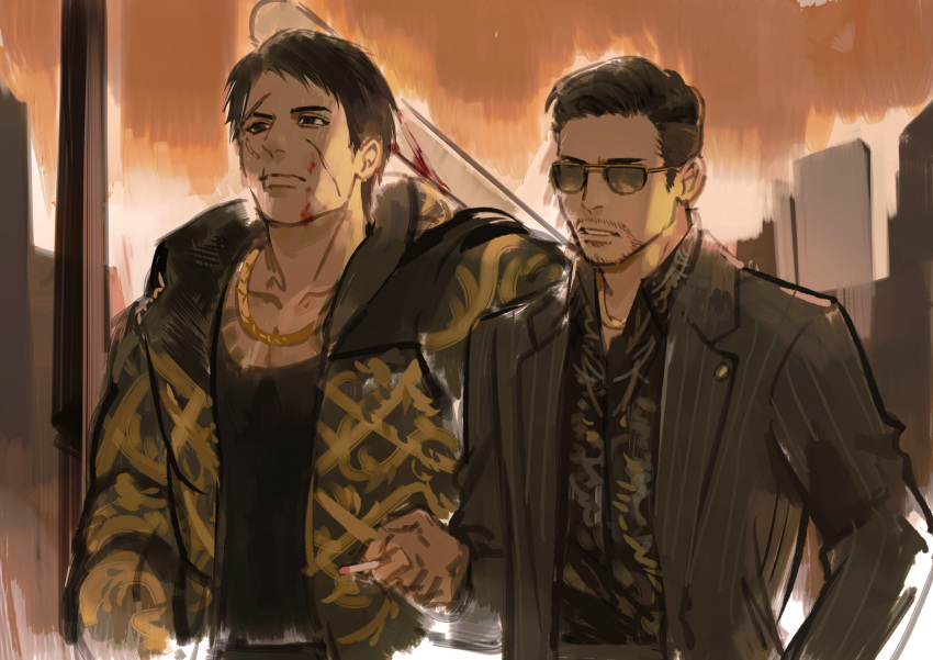 2boys, absurdres, baseball_bat, beard_stubble, black_eyes, black_hair, black_jacket, black_shirt