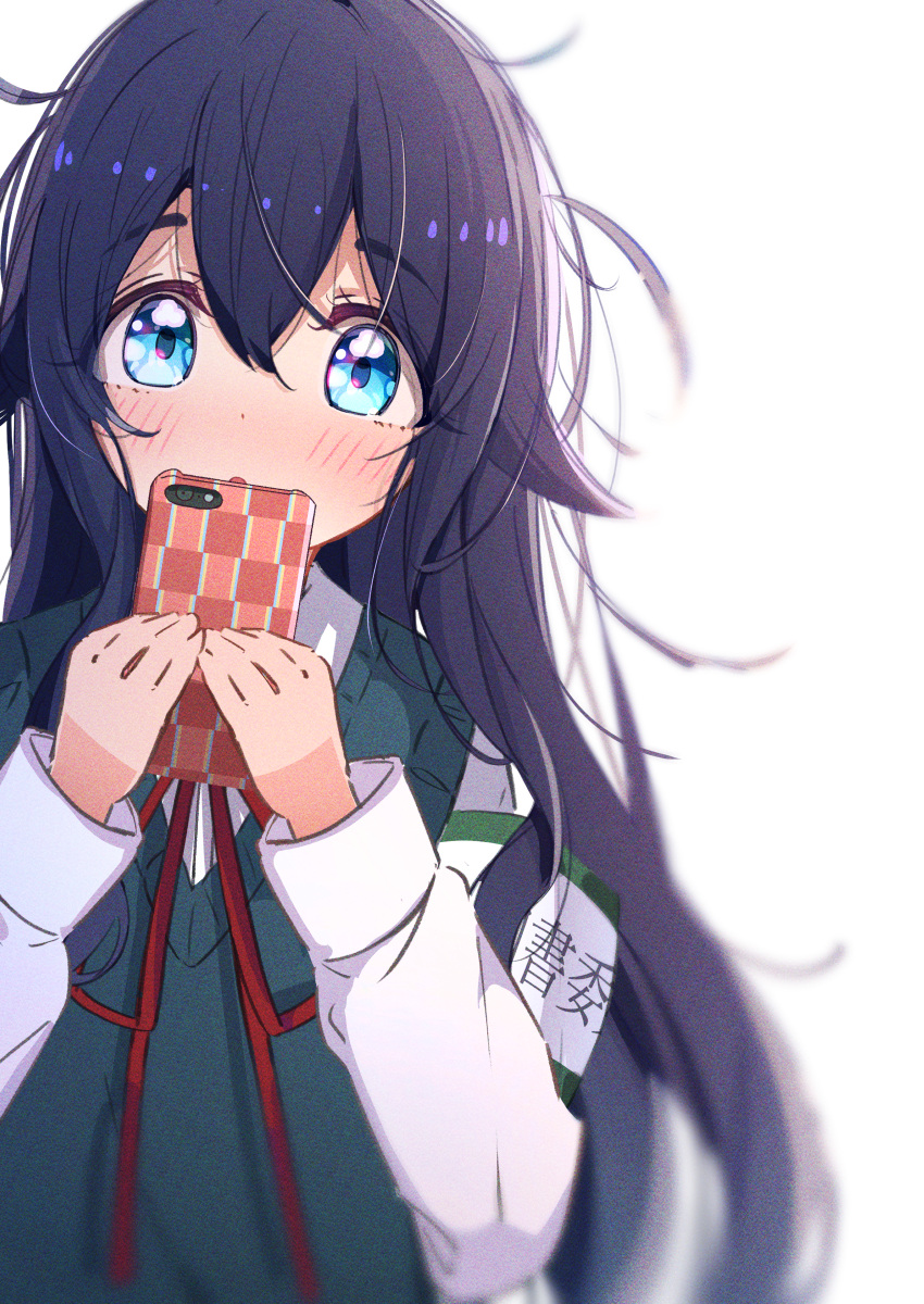 1girl, absurdres, armband, black_hair, blue_eyes, blush, cellphone, commentary_request