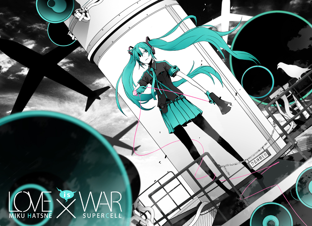 airplane, aqua_eyes, aqua_hair, bird, gloves, hatsune_miku, koi_wa_sensou_(vocaloid), megaphone