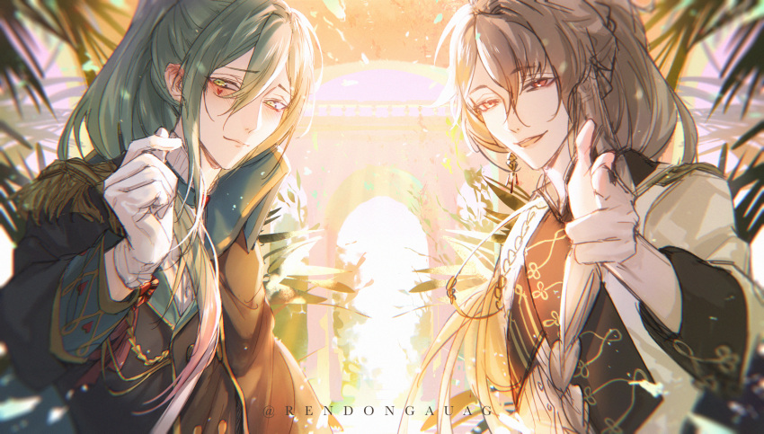 2boys, ankou_(shuuen_no_virche), black_nails, character_request, closed_mouth, finger_gun, finger_heart, gloves