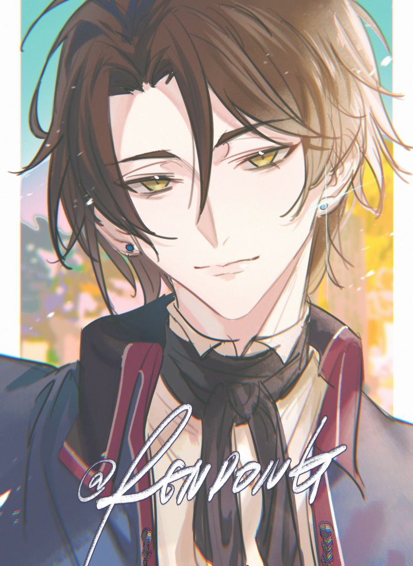 1boy, adolphe_(shuuen_no_virche), black_neckerchief, blue_jacket, blue_sky, brown_hair, closed_mouth, highres