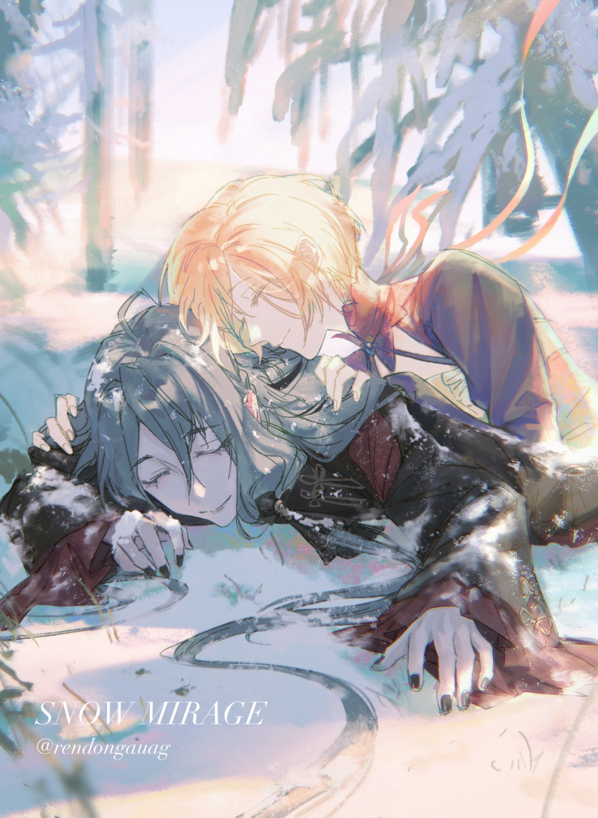 1boy, 1girl, ankou_(shuuen_no_virche), black_dress, black_nails, blonde_hair, brown_jacket, ceres_(shuuen_no_virche)