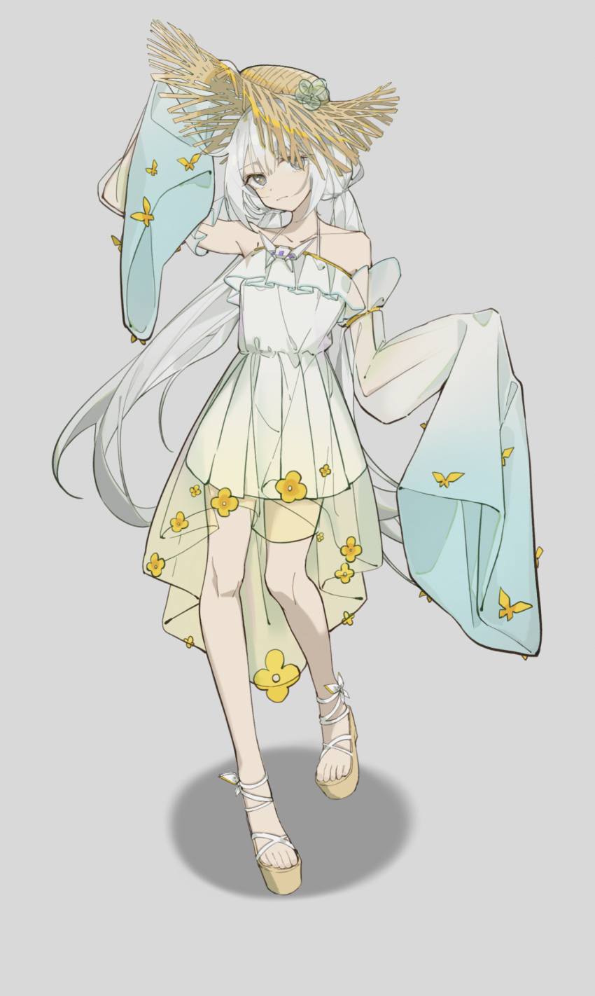 1girl, absurdres, adjusting_clothes, adjusting_headwear, alternate_costume, bare_legs, bare_shoulders, blue_sleeves