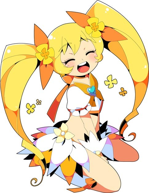blonde_hair, closed_eyes, cure_sunshine, futari_wa_precure, hair_ribbon, happy, heartcatch_precure!, kneeling