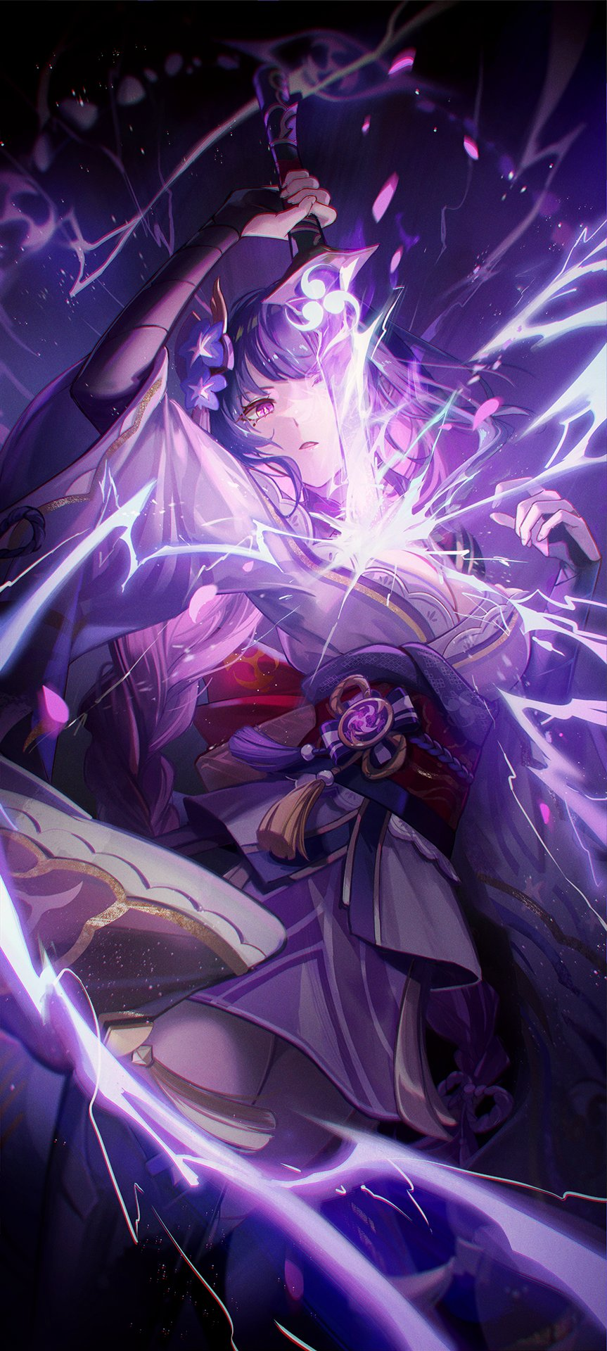 1girl, bow, bowtie, braid, braided_ponytail, breasts, bridal_gauntlets, cherry_blossoms, drawing_sword, electricity, flower, genshin_impact, hair_flower, hair_ornament, highres, holding, holding_sword, holding_weapon, human_scabbard, japanese_clothes, kimono, kyusoukyu, large_breasts, long_hair, mitsudomoe_(shape), mole, mole_under_eye, musou_isshin_(genshin_impact), nail_polish, obi, obiage, obijime, purple_hair, purple_kimono, purple_nails, purple_thighhighs, raiden_shogun, red_bow, red_bowtie, ribbon, sash, shrug_(clothing), solo, sword, thigh-highs, tomoe_(symbol), very_long_hair, violet_eyes, vision_(genshin_impact), weapon