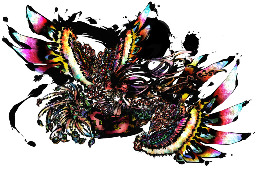 1girl, bow, elaborate_wings, fujiwara_no_mokou, hair_bow, hair_ribbon, long_hair, pants, peacock_feathers, red_eyes, ribbon, short_sleeves, simple_background, sitting, solo, sukunashi_negi, touhou, wings